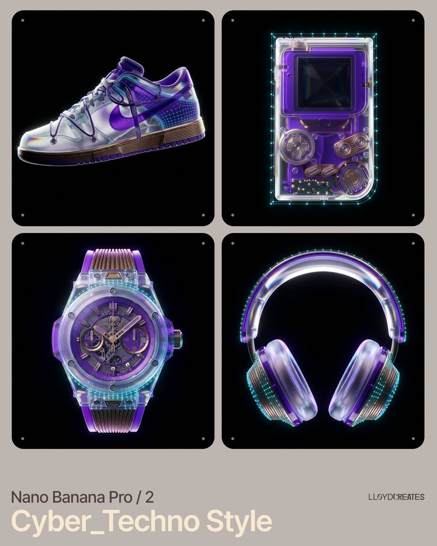 Cyber Techno Product Shot In Void With Prismatic Effects — Nano Banana Pro image prompt example