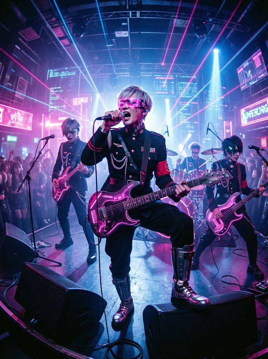 Cyberpunk Japanese Band Live Performance — Nano Banana Pro image prompt example