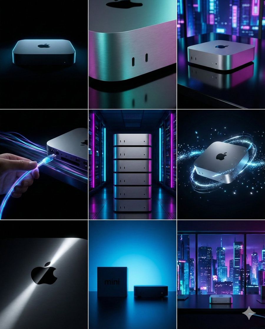 Cyberpunk Tech Visual Storyboard For Mac Mini Branding — Nano Banana Pro image prompt example
