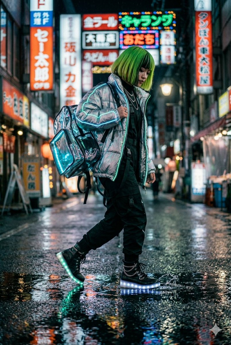 Cyberpunk Techwear Street Shot — Nano Banana Pro image prompt example