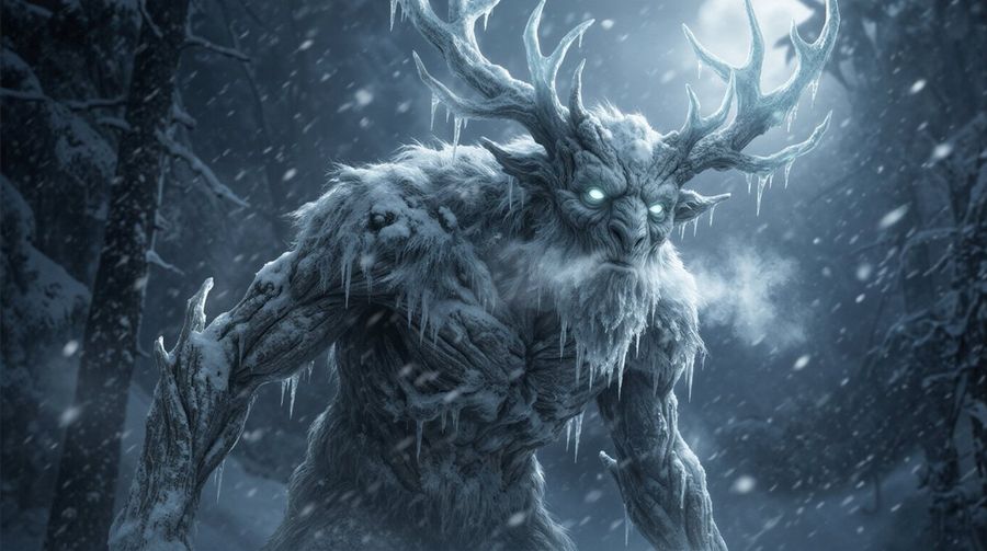 Dark Fantasy Winter Creature Emerging From A Blizzard — Nano Banana Pro image prompt example