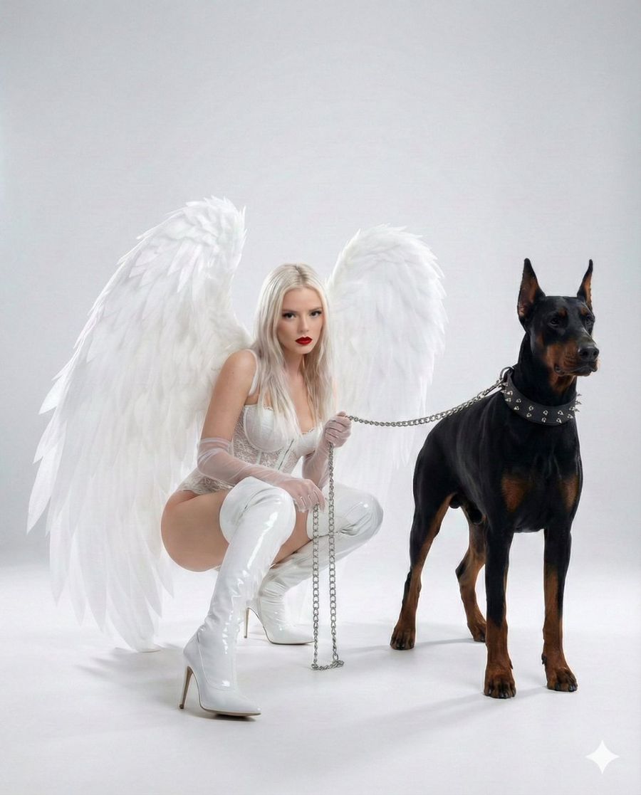 Dark Glamour Fashion Editorial With Wings And Doberman — Nano Banana Pro image prompt example