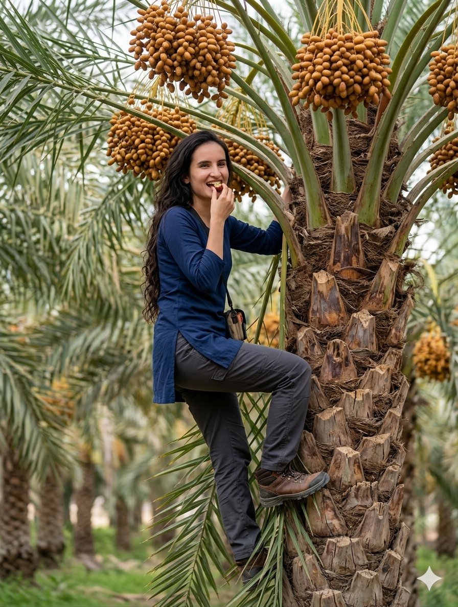 Date Harvest Orchard Climbing Portrait — generated with Nano Banana Pro