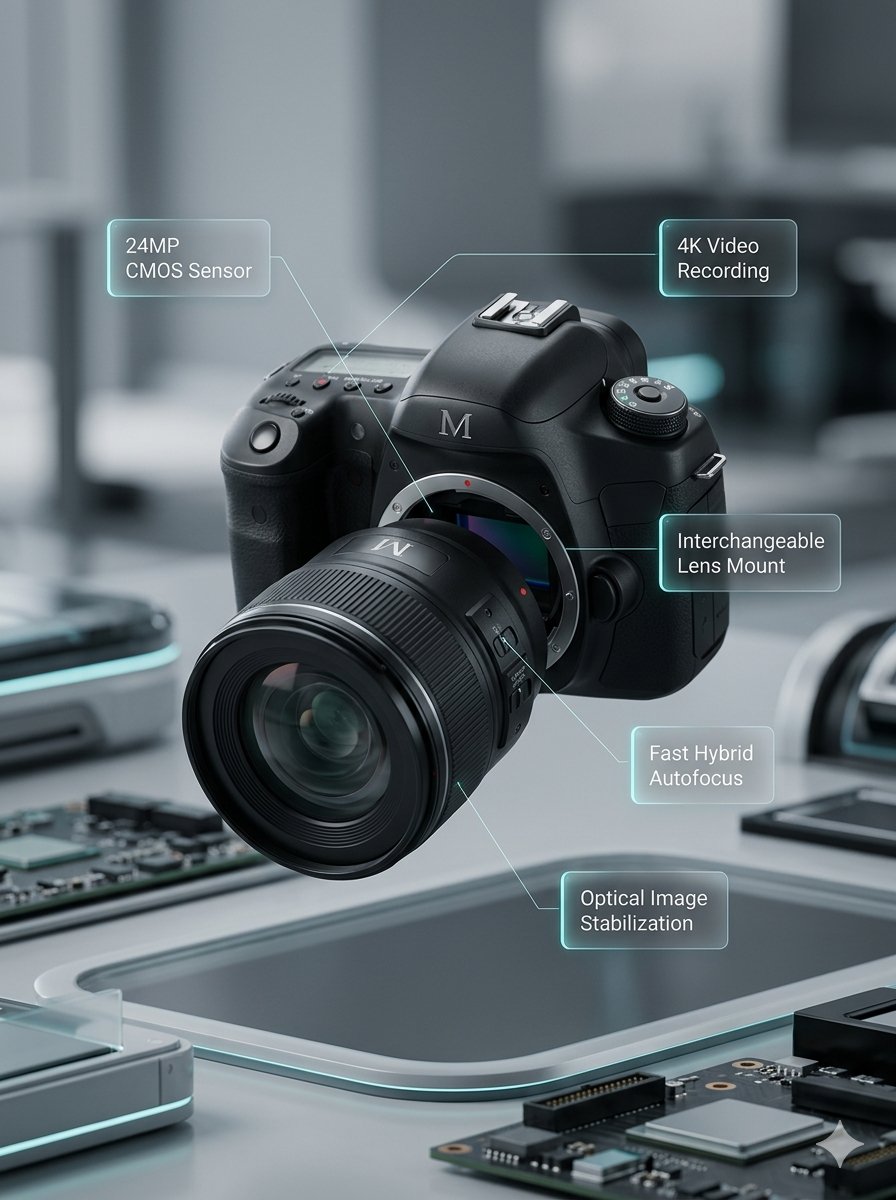 Deconstructed And Assembled M Dslr Camera Visualization — Nano Banana Pro image prompt example