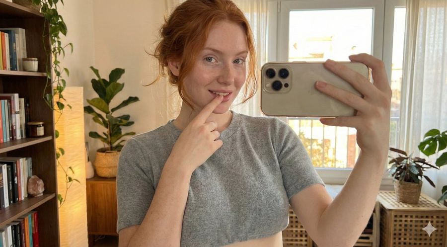 Deep Focus Selfie Natural Copper Redhead — Nano Banana Pro image prompt example