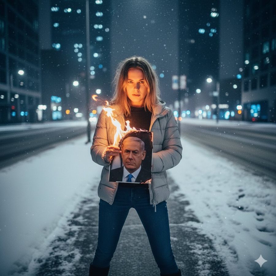 Defiant Woman Lighting Cigarette With Burning Photo — Nano Banana Pro image prompt example