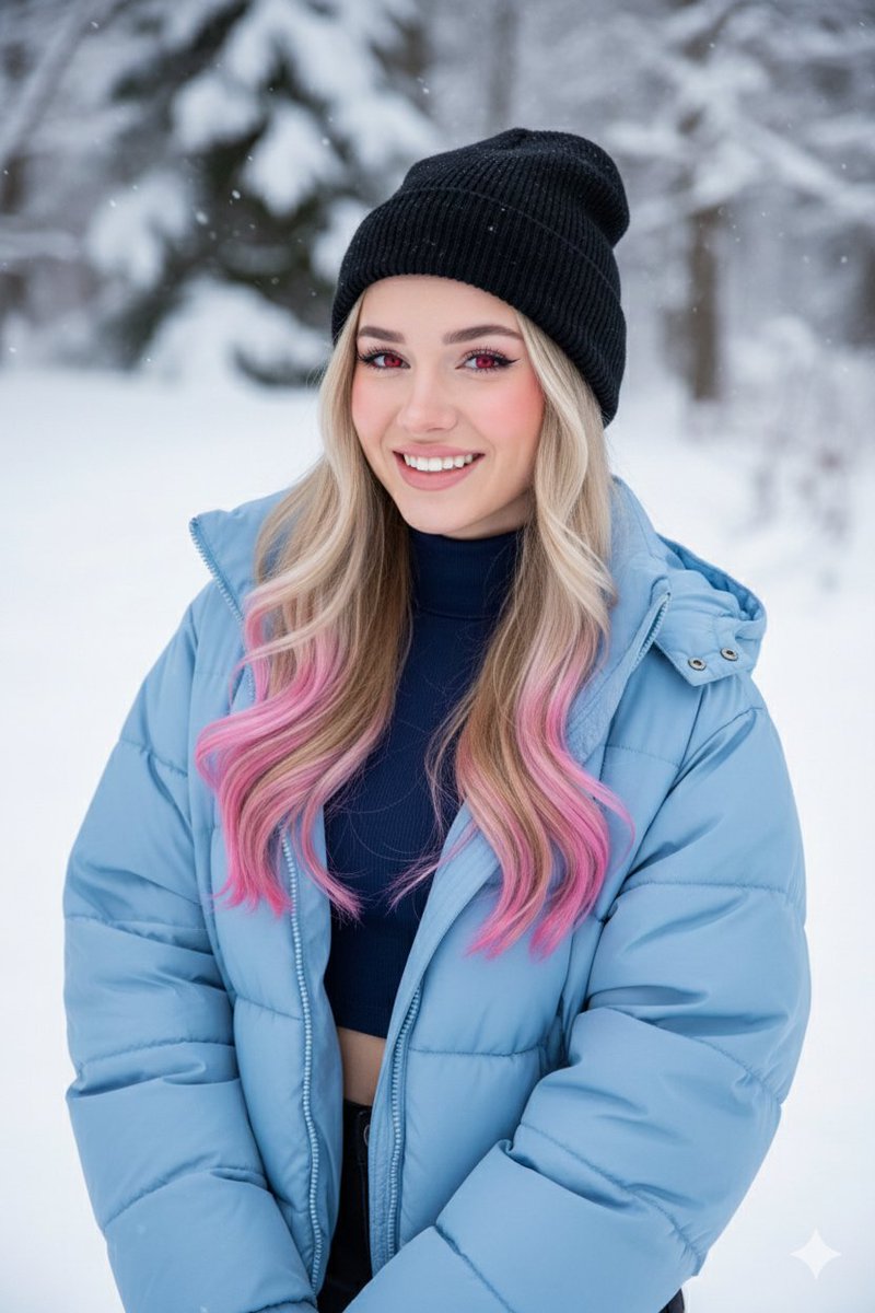 Digital Art Portrait Of Girl With Pink Tipped Hair In Winter — Nano Banana Pro image prompt example