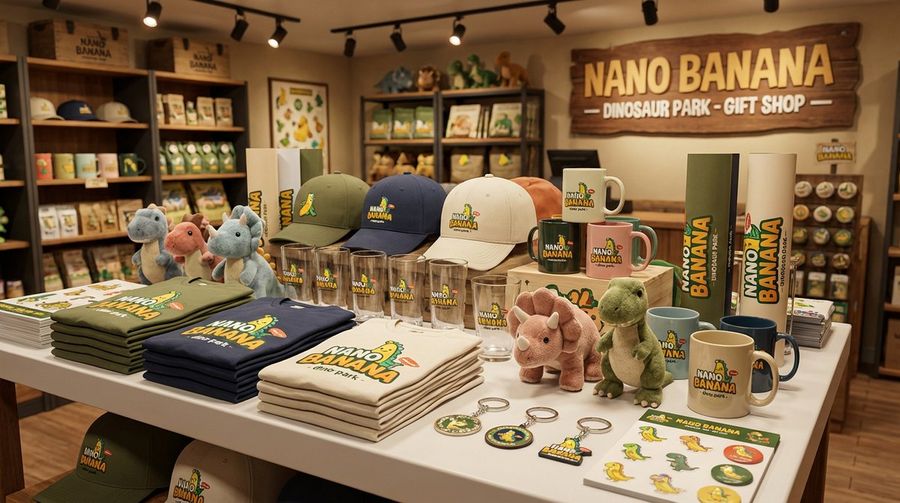 Dinosaur Park Gift Shop Merchandise Display — Nano Banana Pro image prompt example