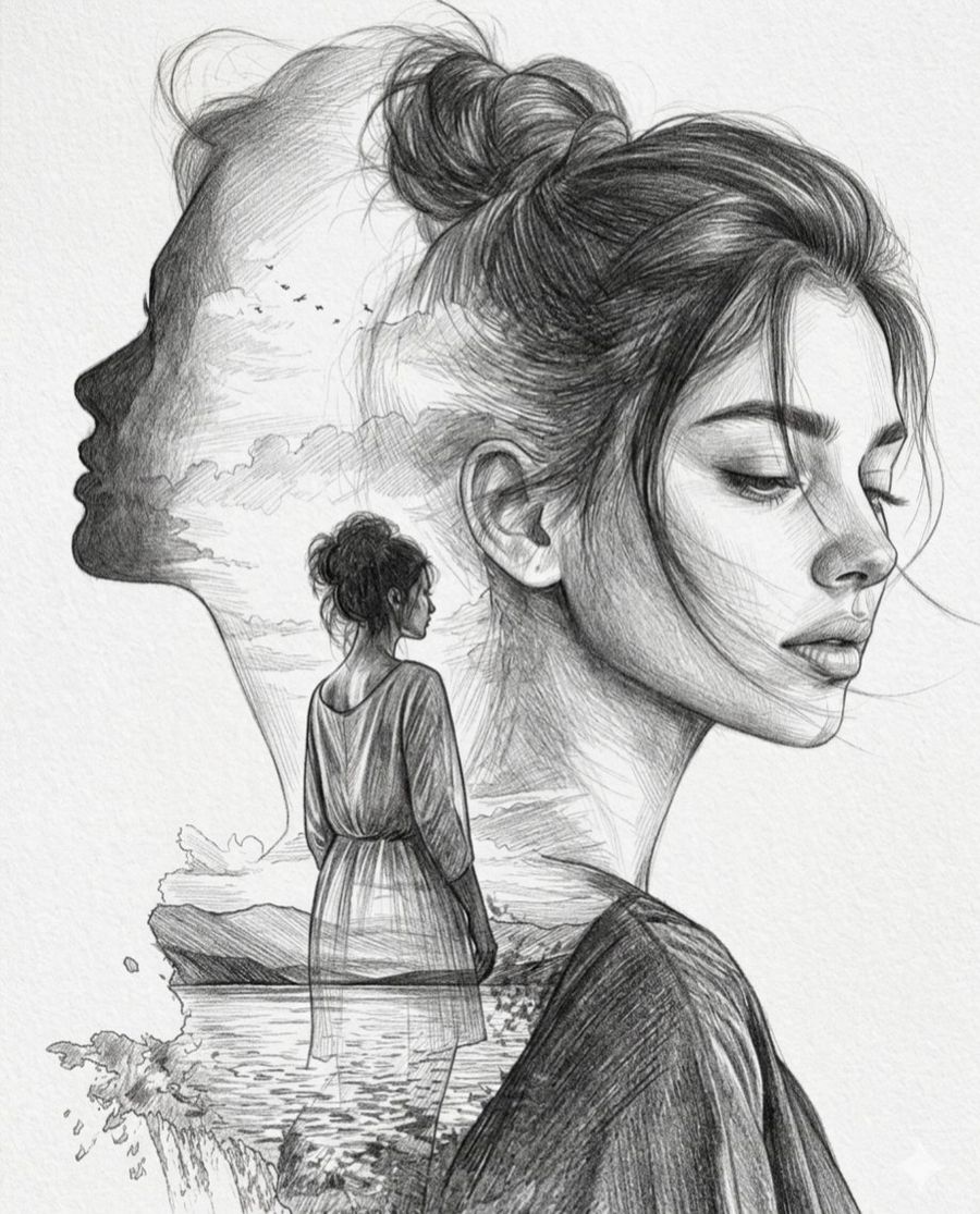 Double Exposure Pencil Sketch Portrait — Nano Banana Pro image prompt example
