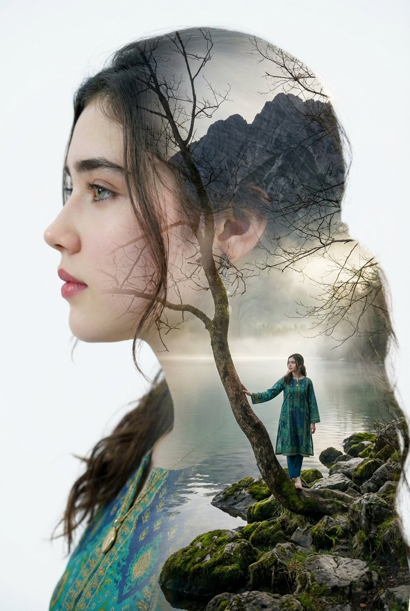 Double Exposure Portrait With Tree Branches And Landscape — Nano Banana Pro image prompt example