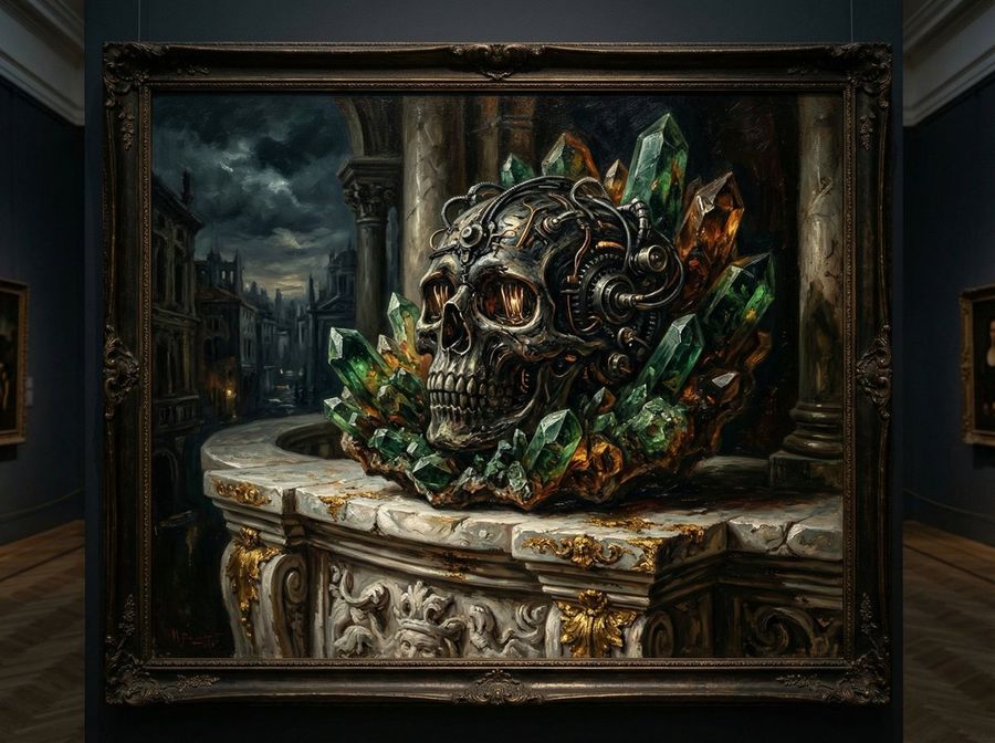 Dramatic Chiaroscuro Oil Painting Of Biomechanical Skull — Nano Banana Pro image prompt example
