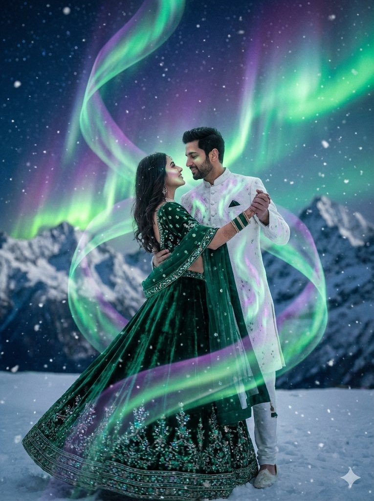 Dreamy Surreal Pre Wedding Dance Under Aurora Borealis — Nano Banana Pro image prompt example
