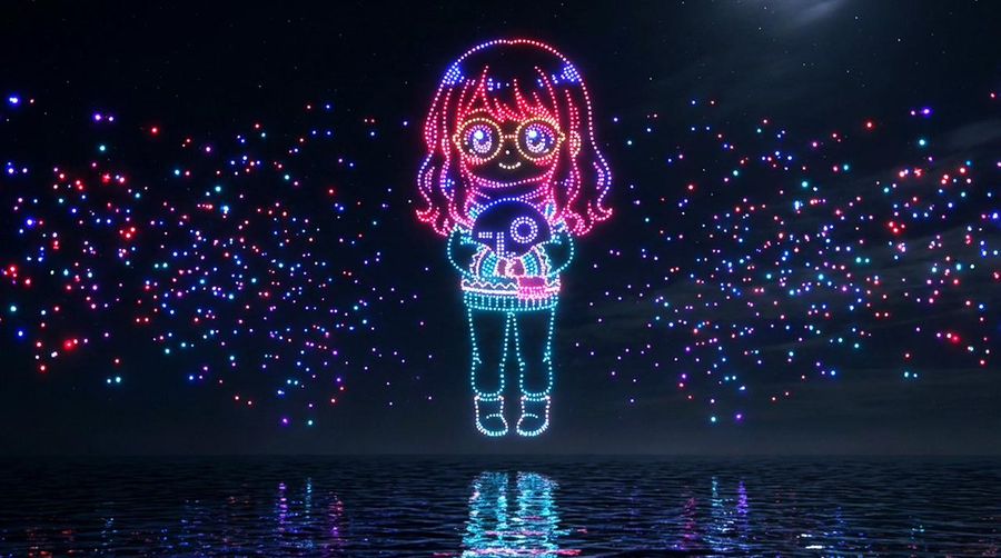 Drone Art Character Projection Over Night Sea — Nano Banana Pro image prompt example