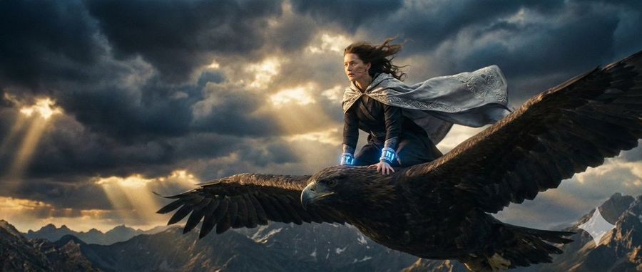 Dune Inspired Epic Scene With Woman Riding A Giant Rooster — Nano Banana Pro image prompt example
