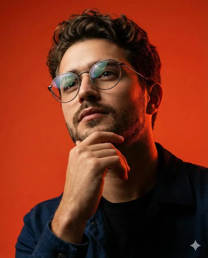 Dynamic Low Angle Portrait With Orange Red Background — Nano Banana Pro image prompt example