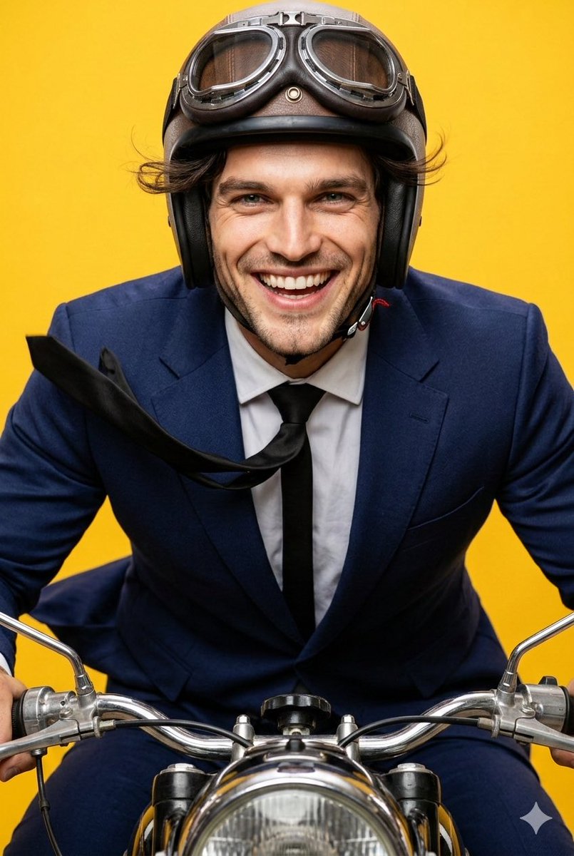 Dynamic Motorcycle Rider Portrait On Yellow Background — Nano Banana Pro image prompt example