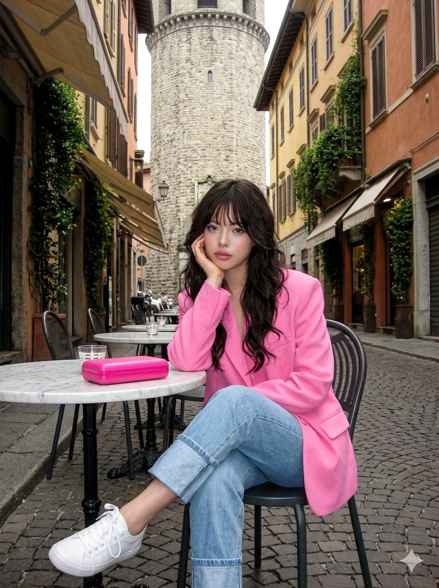 Early 2000s Digital Photo Of Subject In Pink Blazer — Nano Banana Pro image prompt example