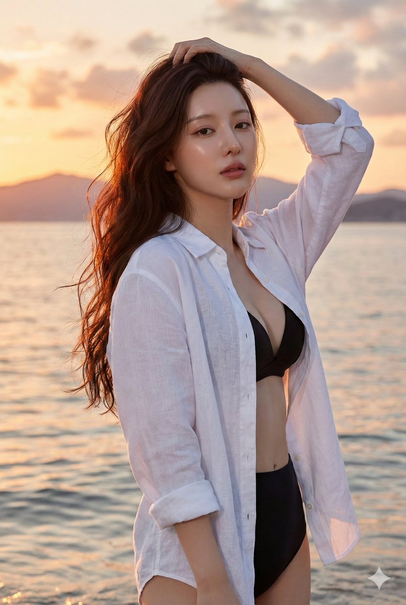 East Asian Woman Beach Portrait At Sunset — Nano Banana Pro image prompt example