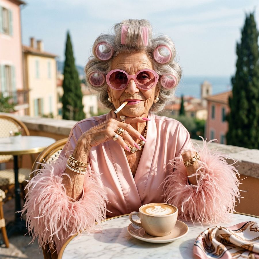 Eccentric Elderly Woman Cafe — Nano Banana Pro image prompt example
