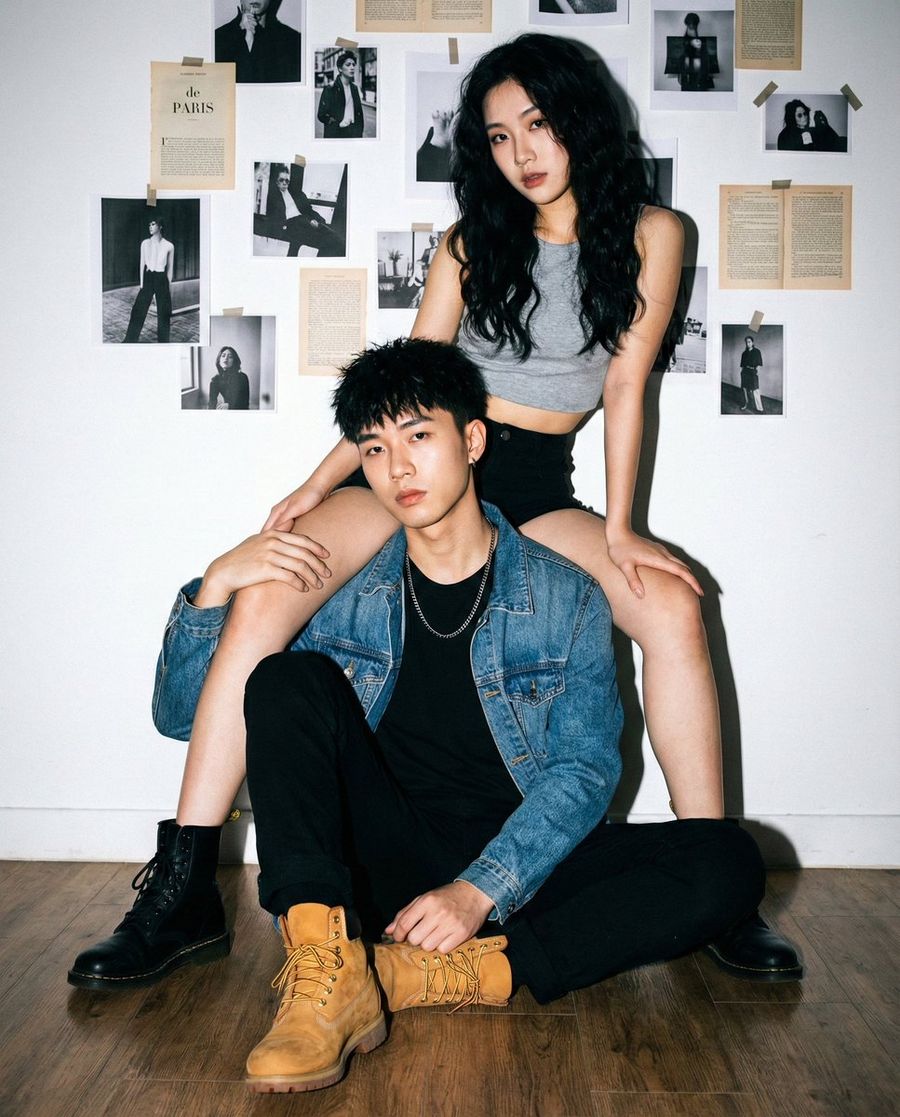 Edgy Asian Couple Portrait With Mismatched Boots And Flash Lighting — Nano Banana Pro image prompt example