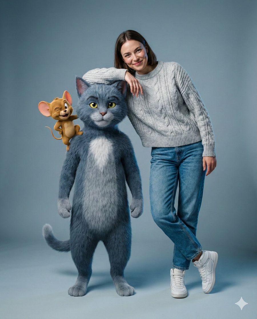 Editorial Studio Photography Of Tom  Jerry With Human — Nano Banana Pro image prompt example