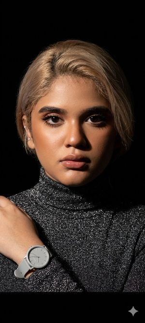 Elegant Studio Portrait With Sparkling Top — Nano Banana Pro image prompt example