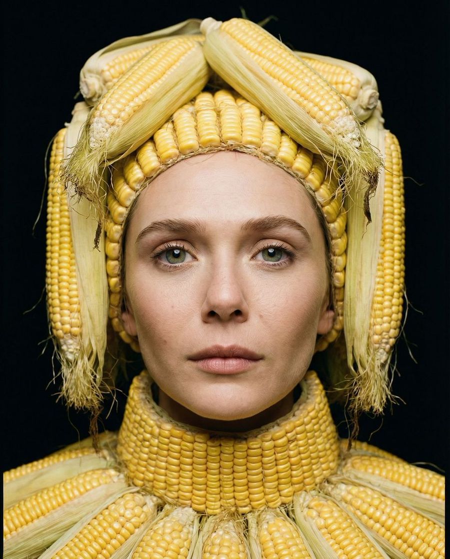 Elizabeth Olsen Agrarian Haute Couture Macro Portrait — Nano Banana Pro image prompt example