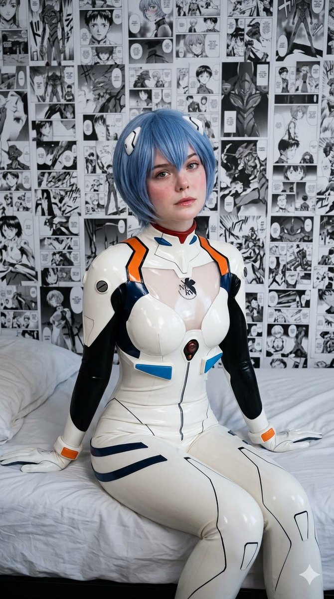 Elle Fanning As Rei Ayanami Cosplay — Nano Banana Pro image prompt example