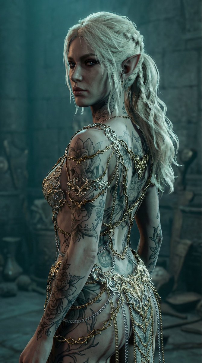 Elven Woman With Ornate Chain Dress — Nano Banana Pro image prompt example