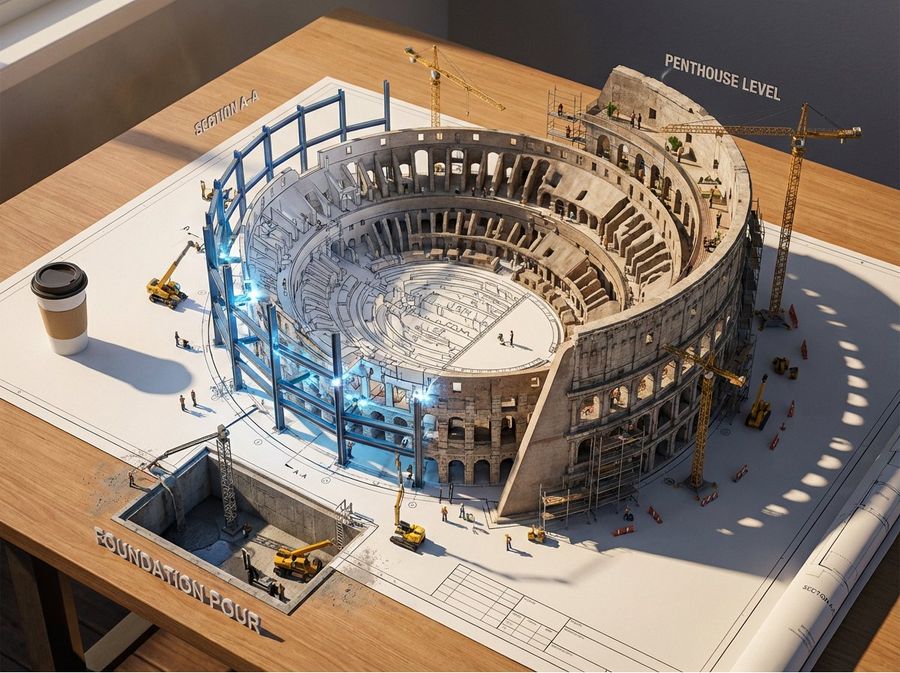 Epic 3d Architectural Blueprint Awakening Scene — Nano Banana Pro image prompt example