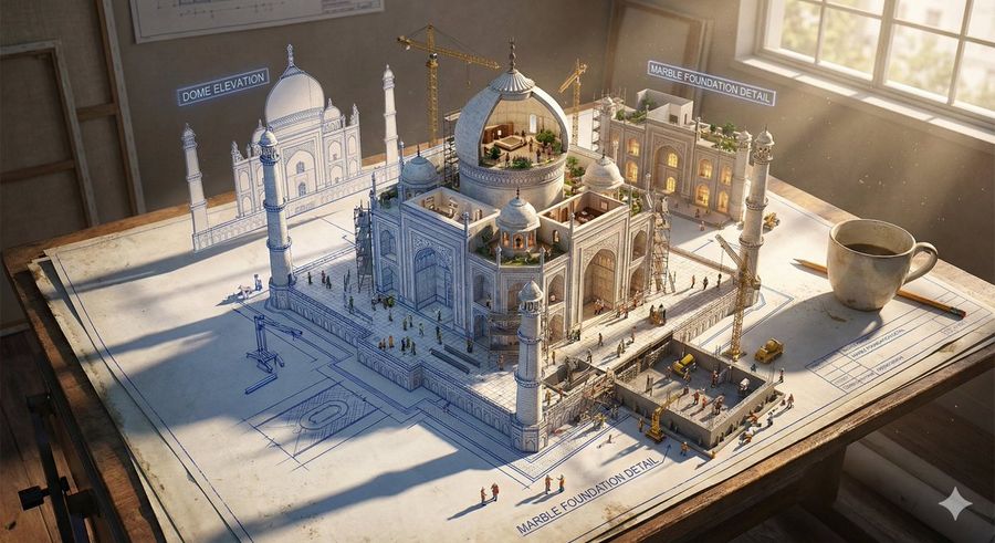 Epic 3d Architectural Blueprint Construction Scene — Nano Banana Pro image prompt example