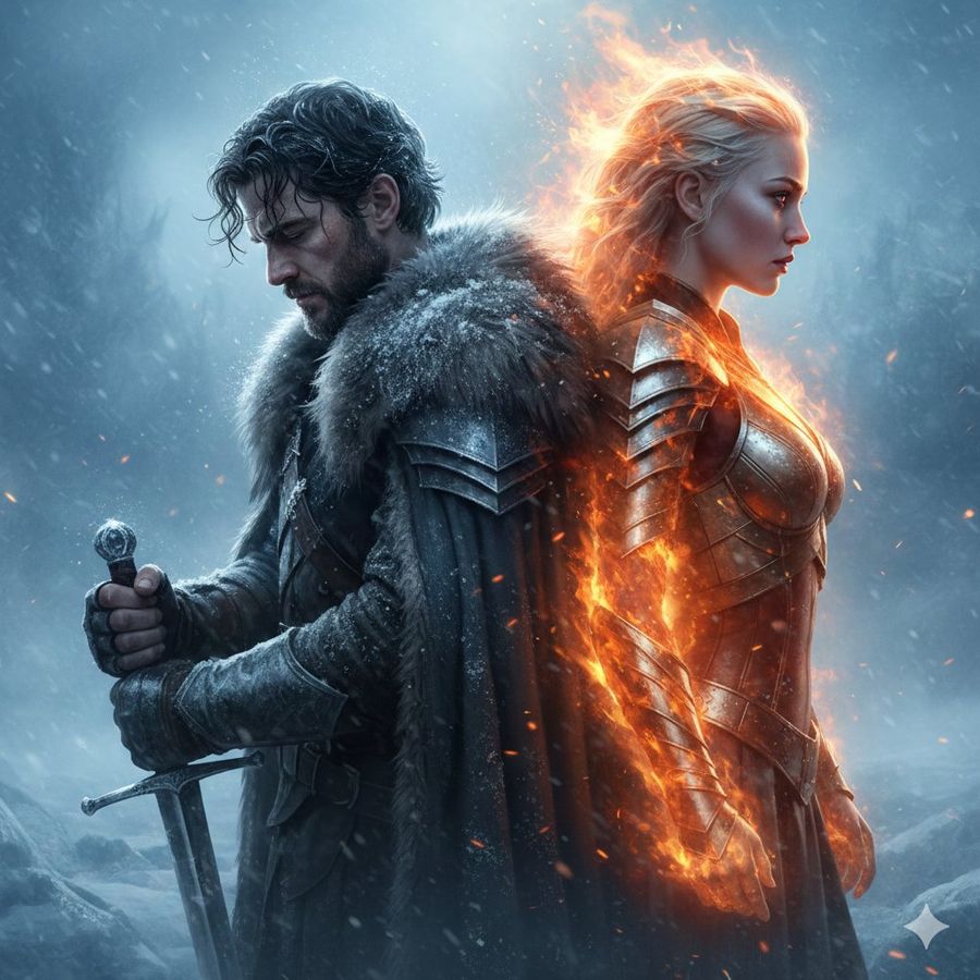 Epic Fantasy Warriors Fire And Ice Cinematic Poster — Nano Banana Pro image prompt example
