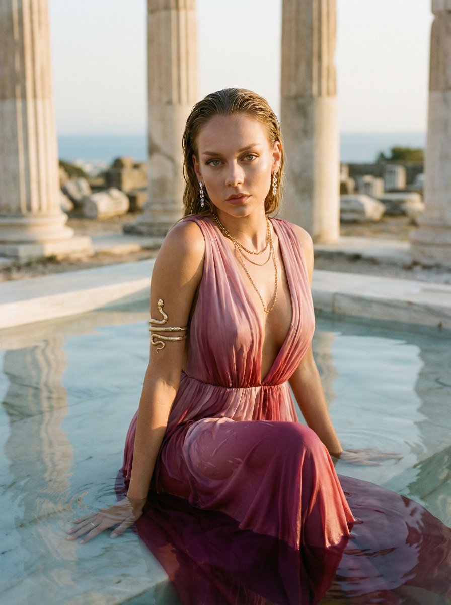 Ester Expsito High Fashion Editorial In Greek Ruins — Nano Banana Pro image prompt example