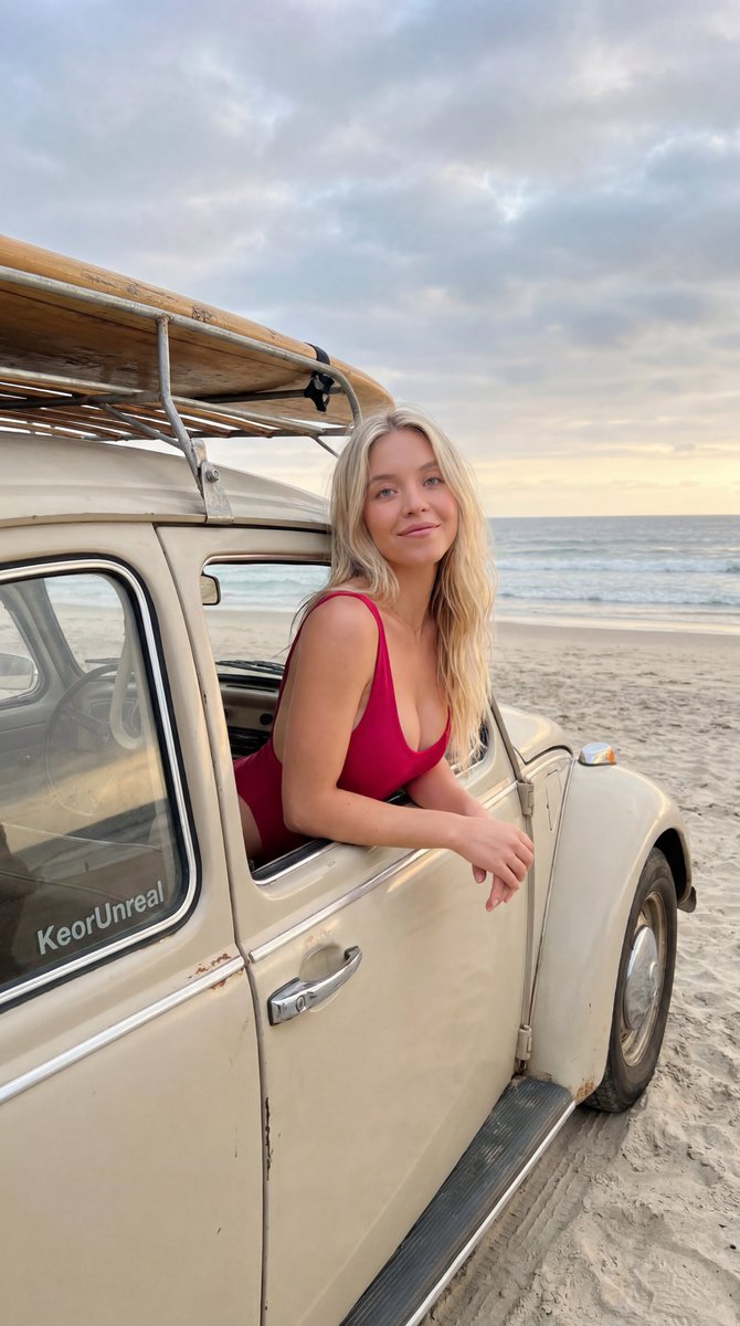 Ethereal Coastal Vintage Car Portrait — Nano Banana Pro image prompt example