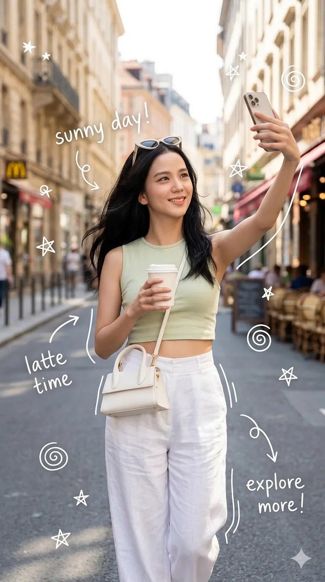 European Street Selfie With Doodles — Nano Banana Pro image prompt example