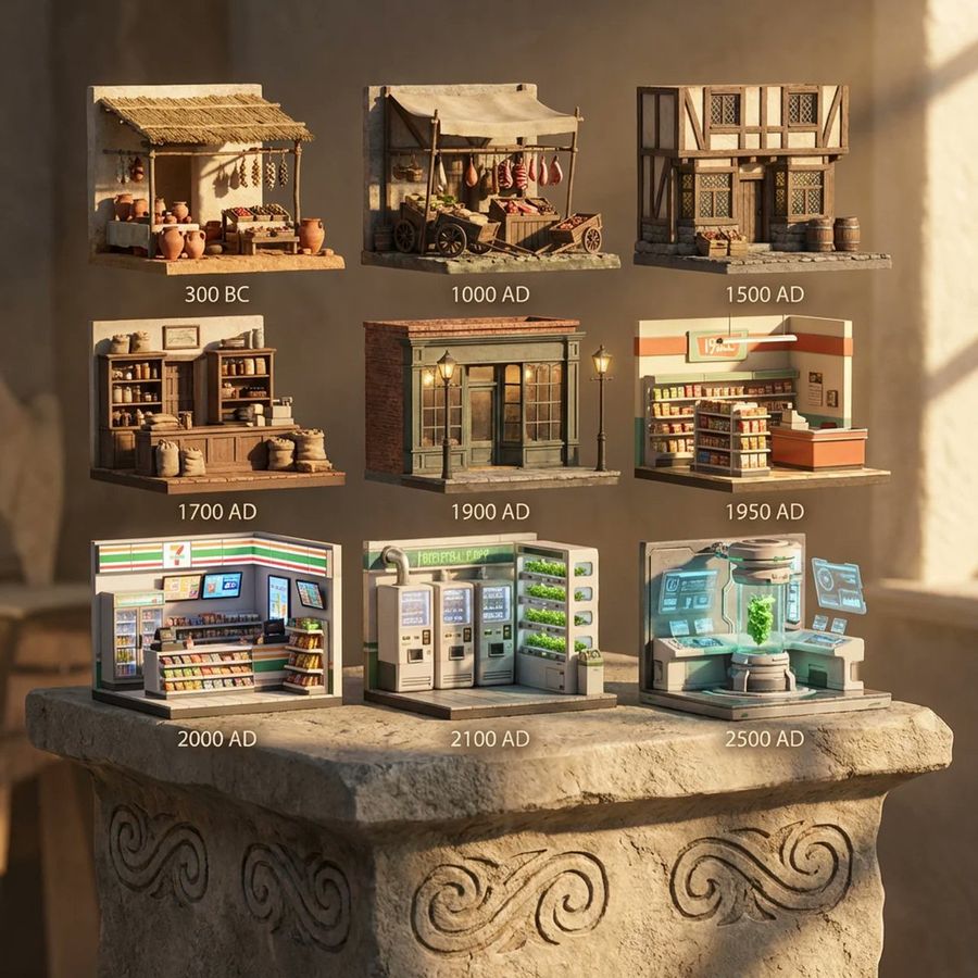 Evolution Of Grocery Shops 3d Grid Prompt — Nano Banana Pro image prompt example