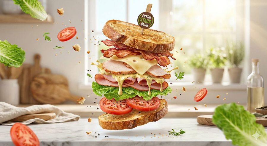 Exploded Tilt View Sandwich Product Photography — Nano Banana Pro image prompt example