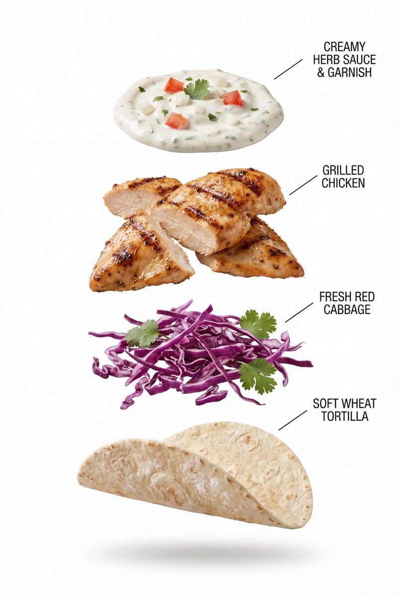 Exploded View Grilled Chicken Taco Product Photography — Nano Banana Pro image prompt example