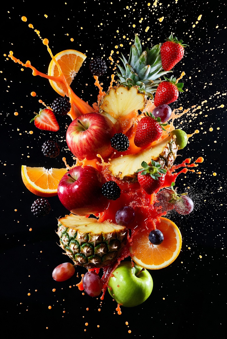 Exploding Fruit Arrangement Food Photography — Nano Banana Pro image prompt example