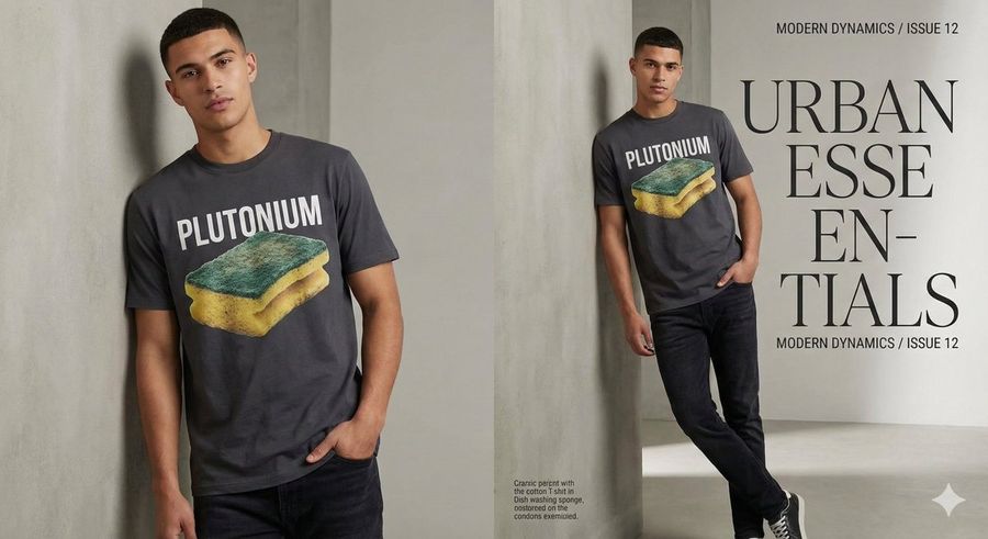 Fashion Magazine Style Sponge T Shirt With Error — Nano Banana Pro image prompt example