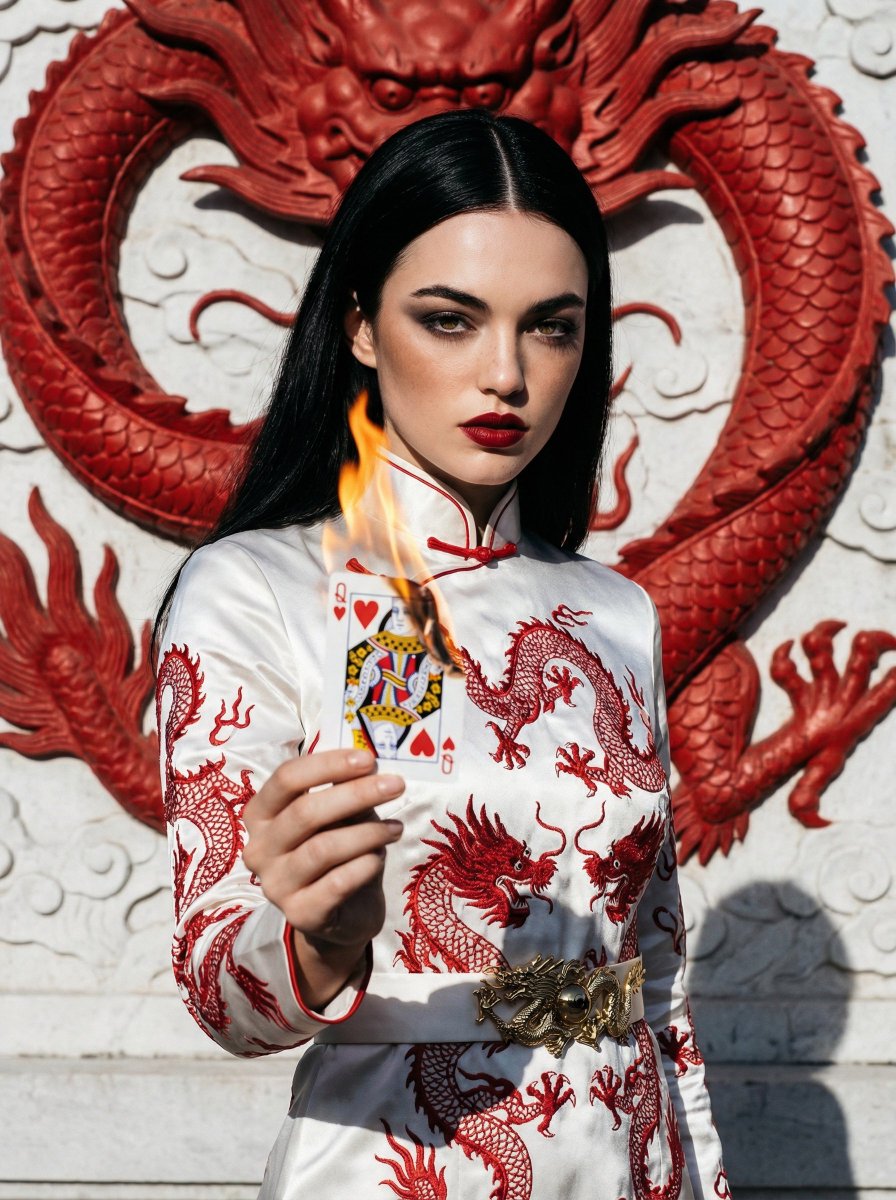 Fashion Portrait With Chinese Dragon Qipao — Nano Banana Pro image prompt example