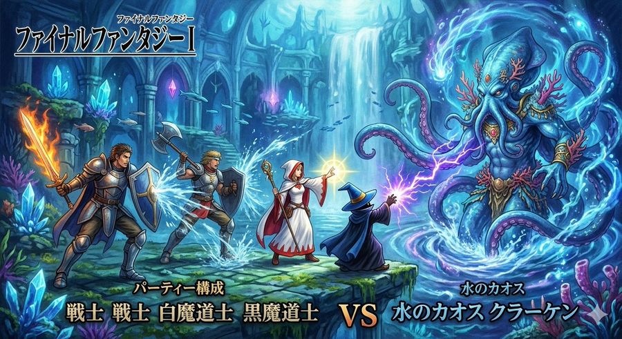 Final Fantasy Party Vs  Kraken Image Generation — Nano Banana Pro image prompt example
