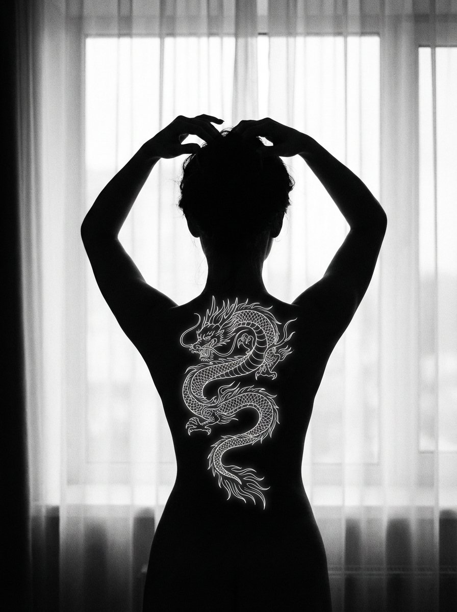 Fine Art Silhouette With Glowing Dragon Tattoo — Nano Banana Pro image prompt example