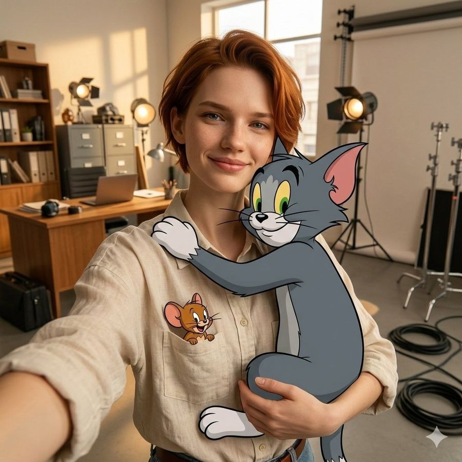 First Person Selfie Hugging Stylized Tom And Jerry — Nano Banana Pro image prompt example