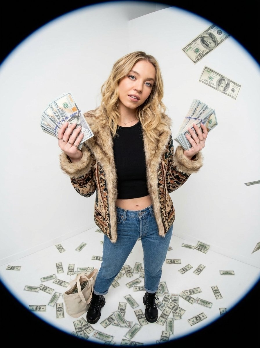 Fisheye Portrait With Money In A White Studio — Nano Banana Pro image prompt example