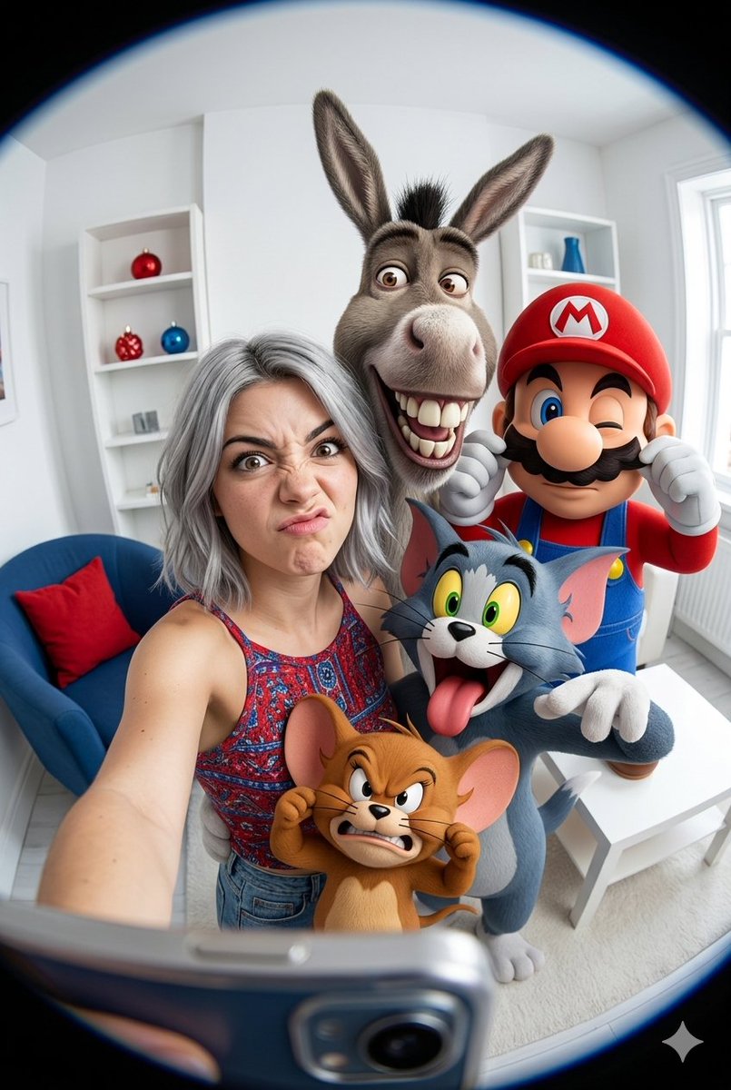 Fisheye Selfie With Animation Characters — Nano Banana Pro image prompt example