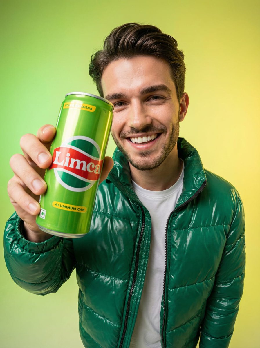 Fisheye Studio Portrait With Branded Drink Can — Nano Banana Pro image prompt example