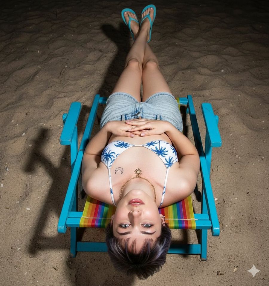 Flash Photography Of Person Lounging Upside Down On Beach Chair At Night — Nano Banana Pro image prompt example