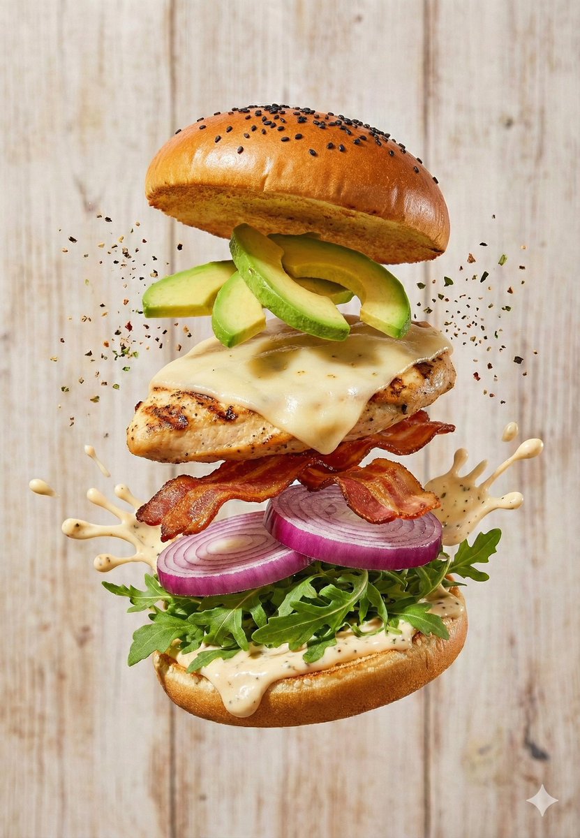 Floating Gourmet Burger Commercial Shot — Nano Banana Pro image prompt example