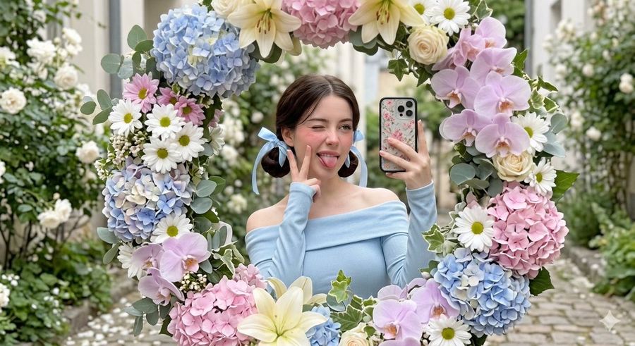 Floral Mirror Selfie Portrait — Nano Banana Pro image prompt example